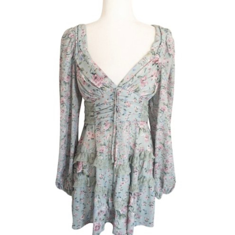 Altar'd State Floral Long Sleeve Dress - Soft Green and Pink